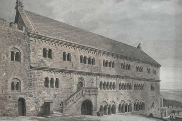 Der Palas der Wartburg von Nordwesten, 1897/98, Fotografie, retuschiert von Albert Kurz, Wartburg-Stiftung, Fotothek