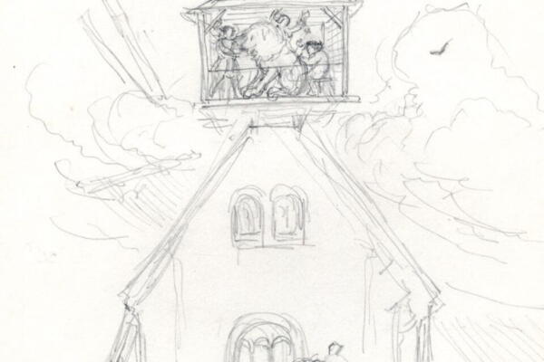 Arbeiten an der Löwenfigur auf dem südlichen Giebel des Palas der Wartburg, Bernhard von Arnswald, 1852, Graphit, Wartburg-Stiftung, Kunstsammlung, Inv.-Nr. G1634