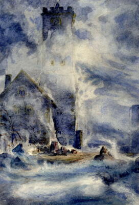 Schneesturm umtost den Bergfried, Bernhard von Arnswald, 1863, Aquarell über Graphit, 16,9 x 11,8 cm, Wartburg-Stiftung, Kunstsammlung, Inv.-Nr. G1652