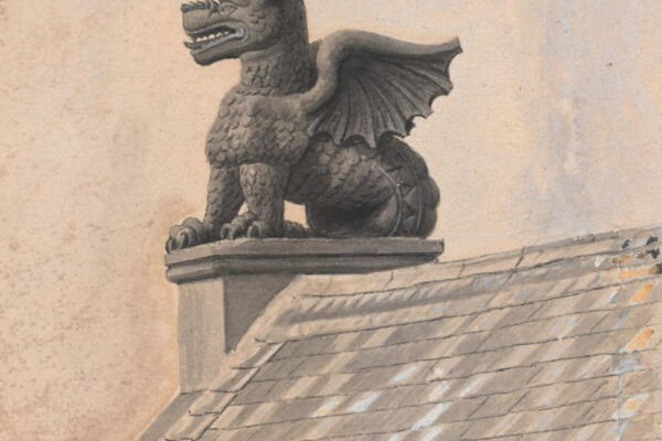 Der Drache auf dem nördlichen Giebel des Palas, 1897/98, Fotografie, retuschiert von Albert Kurz, Wartburg-Stiftung, Fotothek